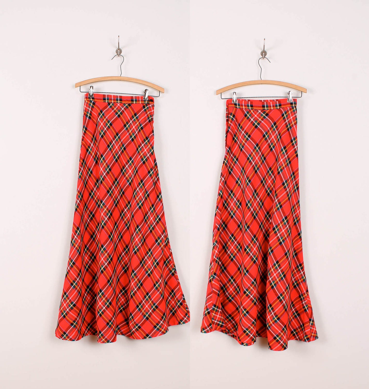 60s / 70s Plaid Maxi Skirt - Womens XS - Vegan Orange Red Blue White Green Yellow Black Bright Mod Floor Length