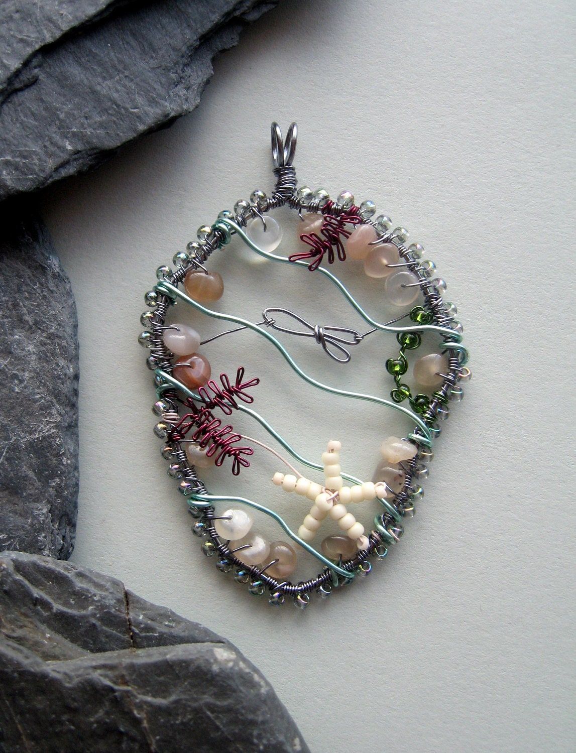 Rockpool wire wrapped and beaded pendant
