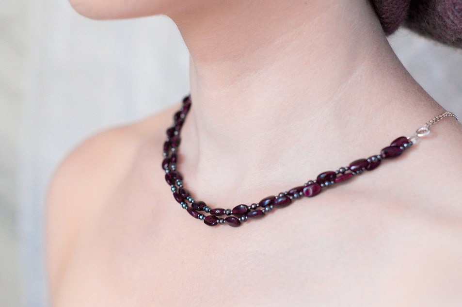 Garnet hematite double string necklace handmade made in israel
