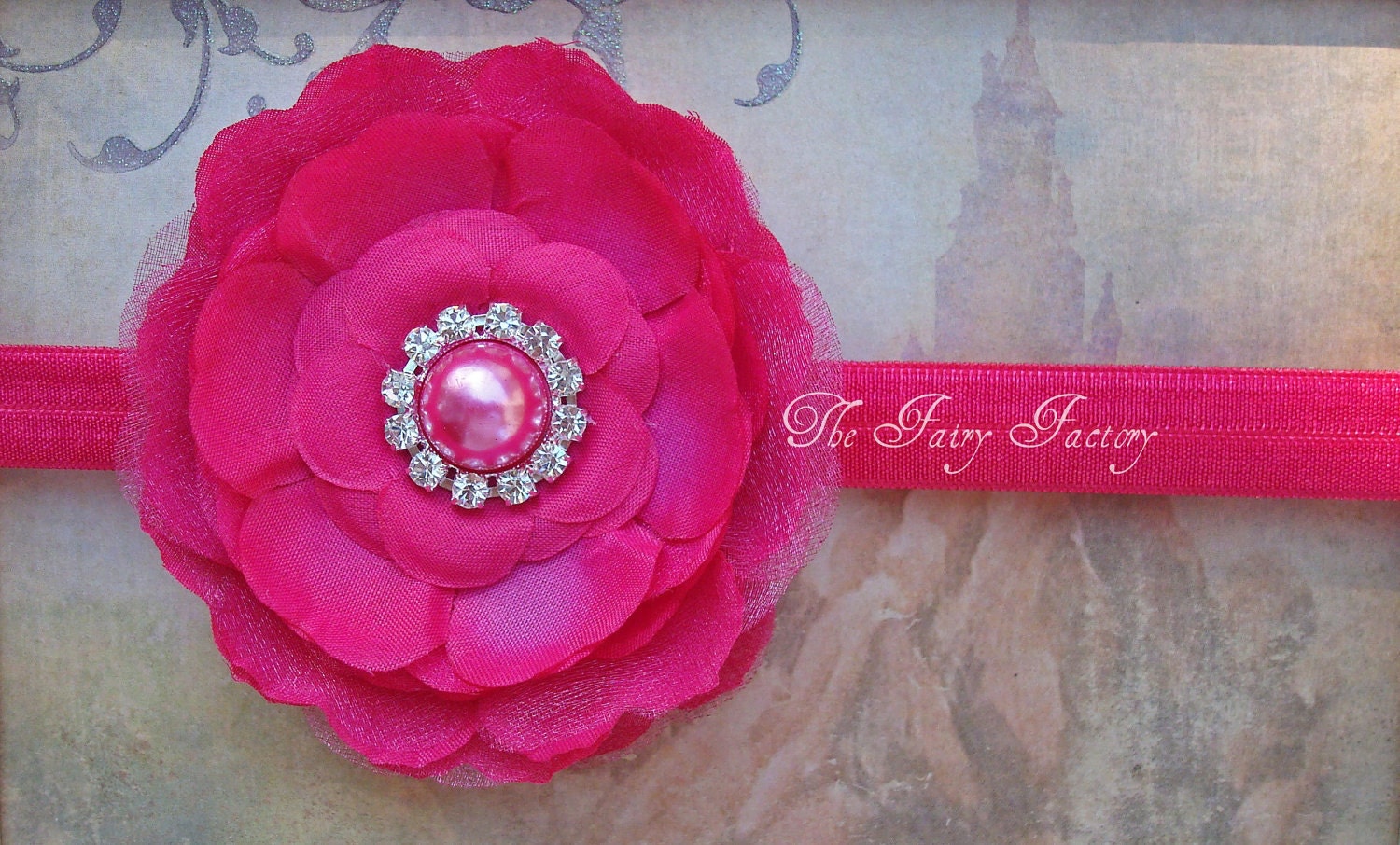 Hot Pink Flower Headband, Flower w/ Jumbo Pearl & Crystal Center Headband or Hair Clip, The Hallie, Baby Toddler Child Girls Headband