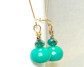 Inventory Clearance Sale. Teal Jade Gold Earrings. Faceted Crystals Long Kidney Earrings