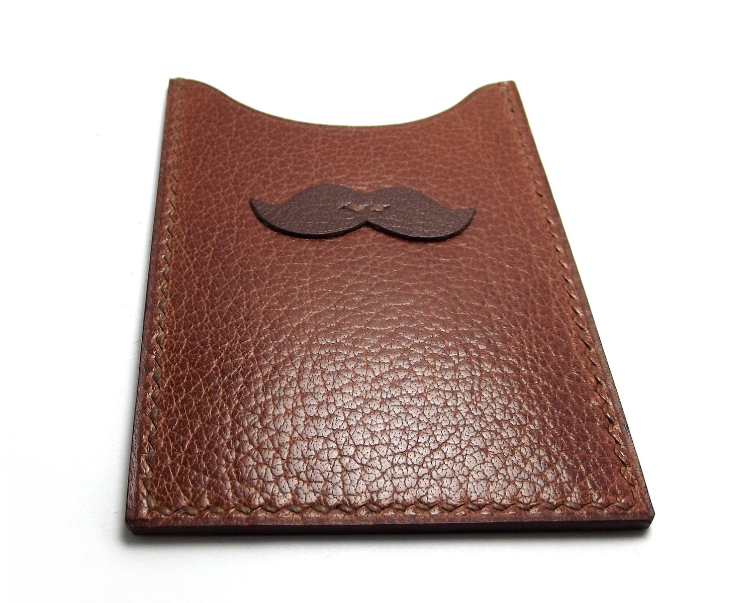 Mustache Pocket Wallet, Cognac Brown Leather Card Case, MO, Movember, Prostate Cancer Awareness - sakao