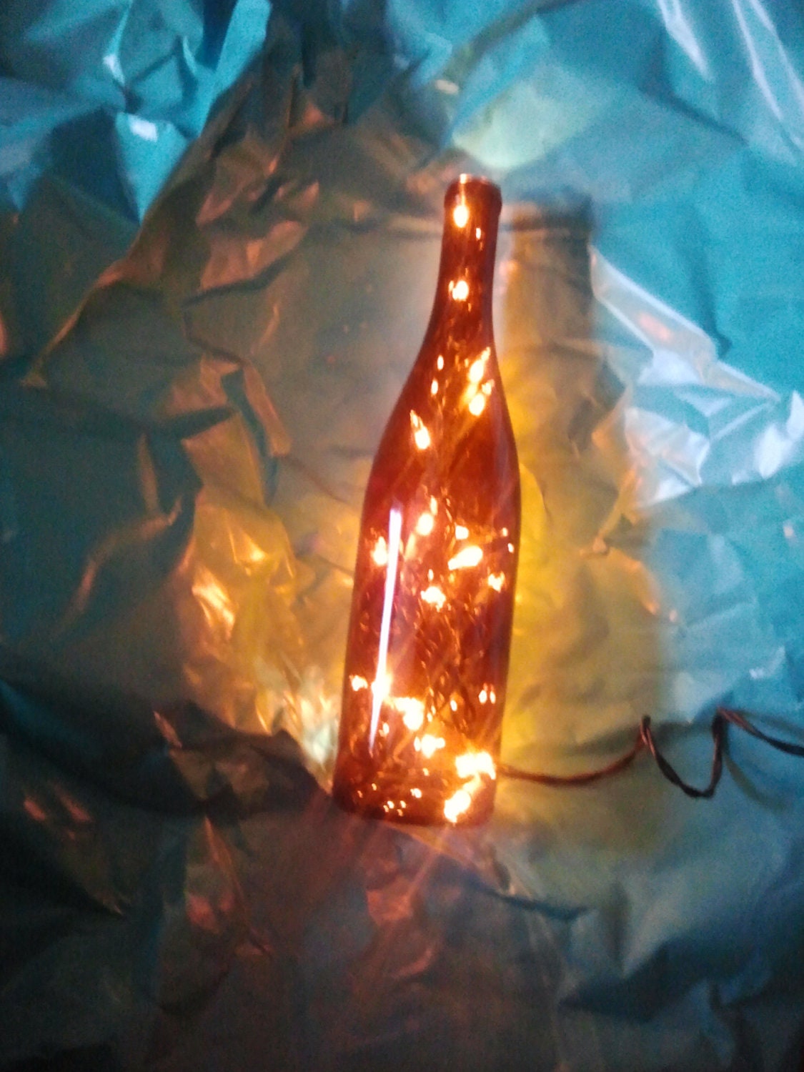 Amber wine bottle luminary with white christmas lights -- holiday gift -- home decor