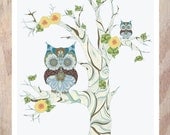 Owls Tree art (Unisex art print for kids, nursery art, playroom decor, tree, olws on branch )