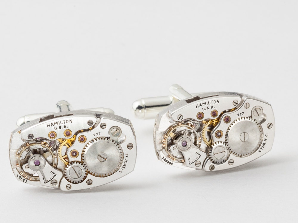 Steampunk cufflinks vintage Hamilton watch movements gears wedding anniversary gift silver cuff links men jewelry by Steampunk Nation 1954