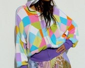 Hoodie Bomber Jacket Upcycled Knit Pastel Square Pattern                 Made in England UK