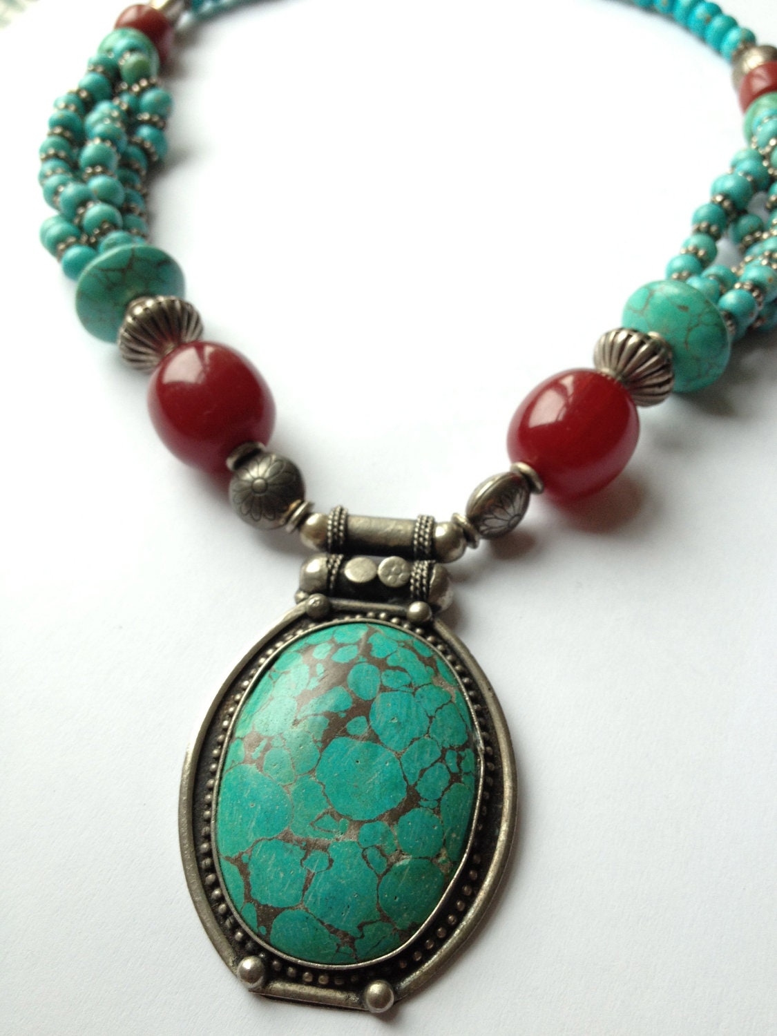 Artisan Nepalese Antique Silver, Turquoise and Coral Beaded Necklace OOAK