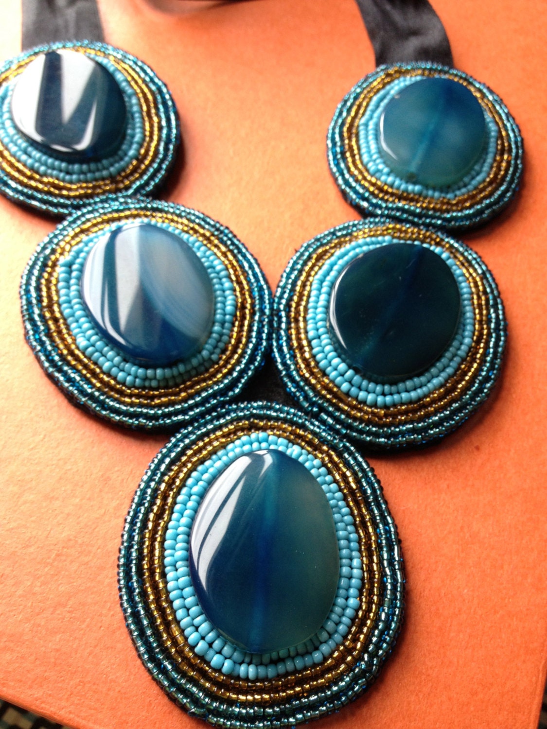 Isla Azul Deep Blue Beaded Bib Necklace OOAK