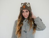 Chunky owl hat, beanie, adult, ear flap hat,  teen, womens, spring, winter, easter, woodland, brown, mothers day