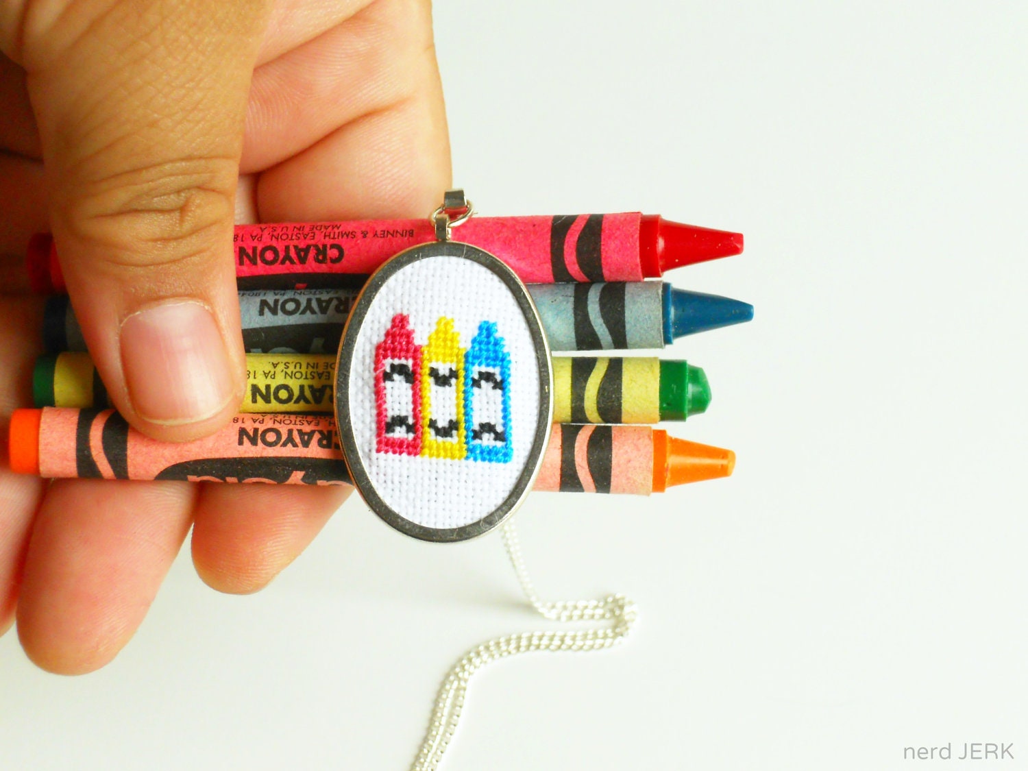Cute Colorful Crayon Necklace - Back to School inspired Handmade Cross-Stitch Art on Silvertone Pendant
