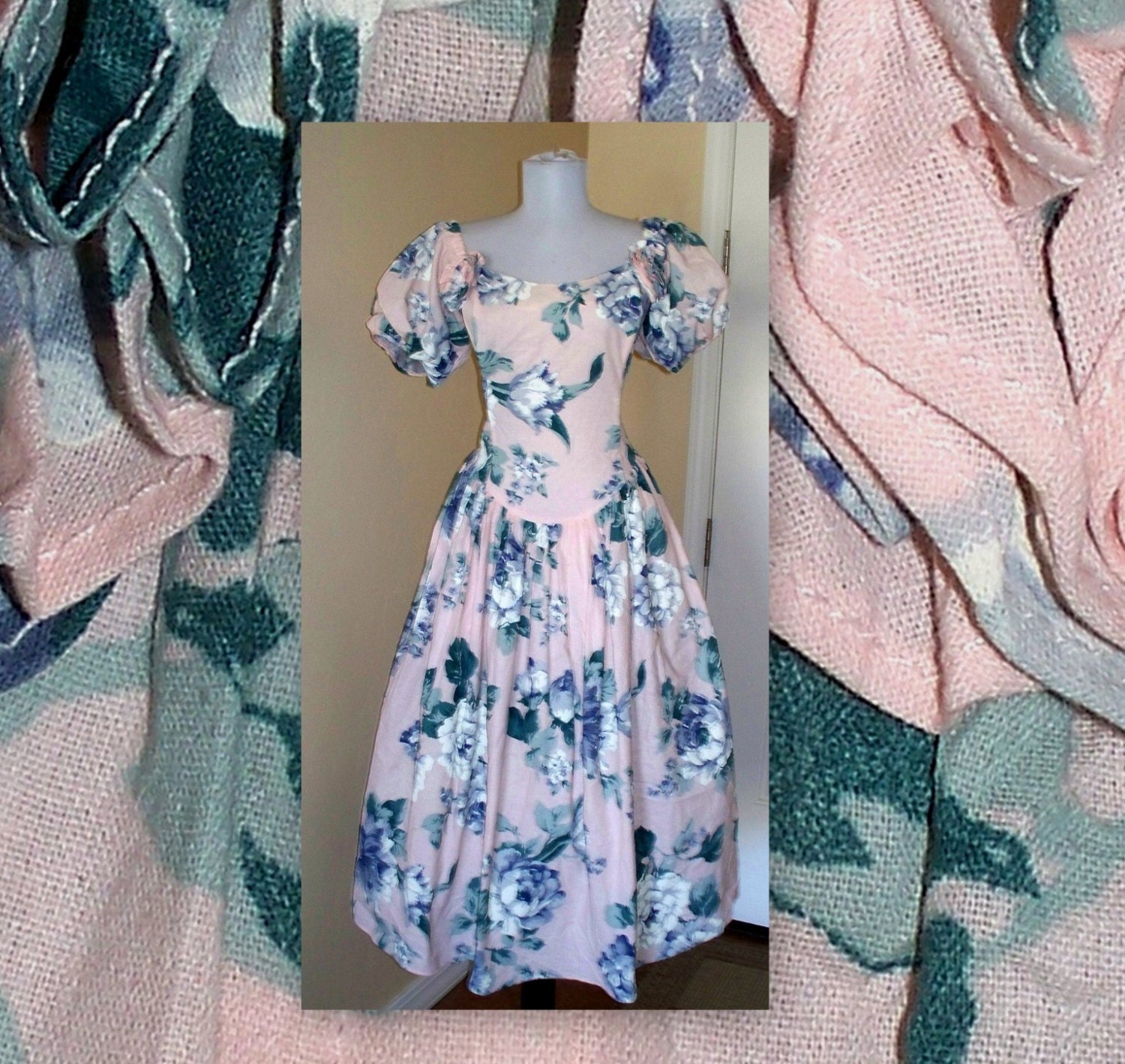 VINTage 80s Jessica McClintock Bridal  pink floral dress -  full skirt - with crinoline - fabric flowers