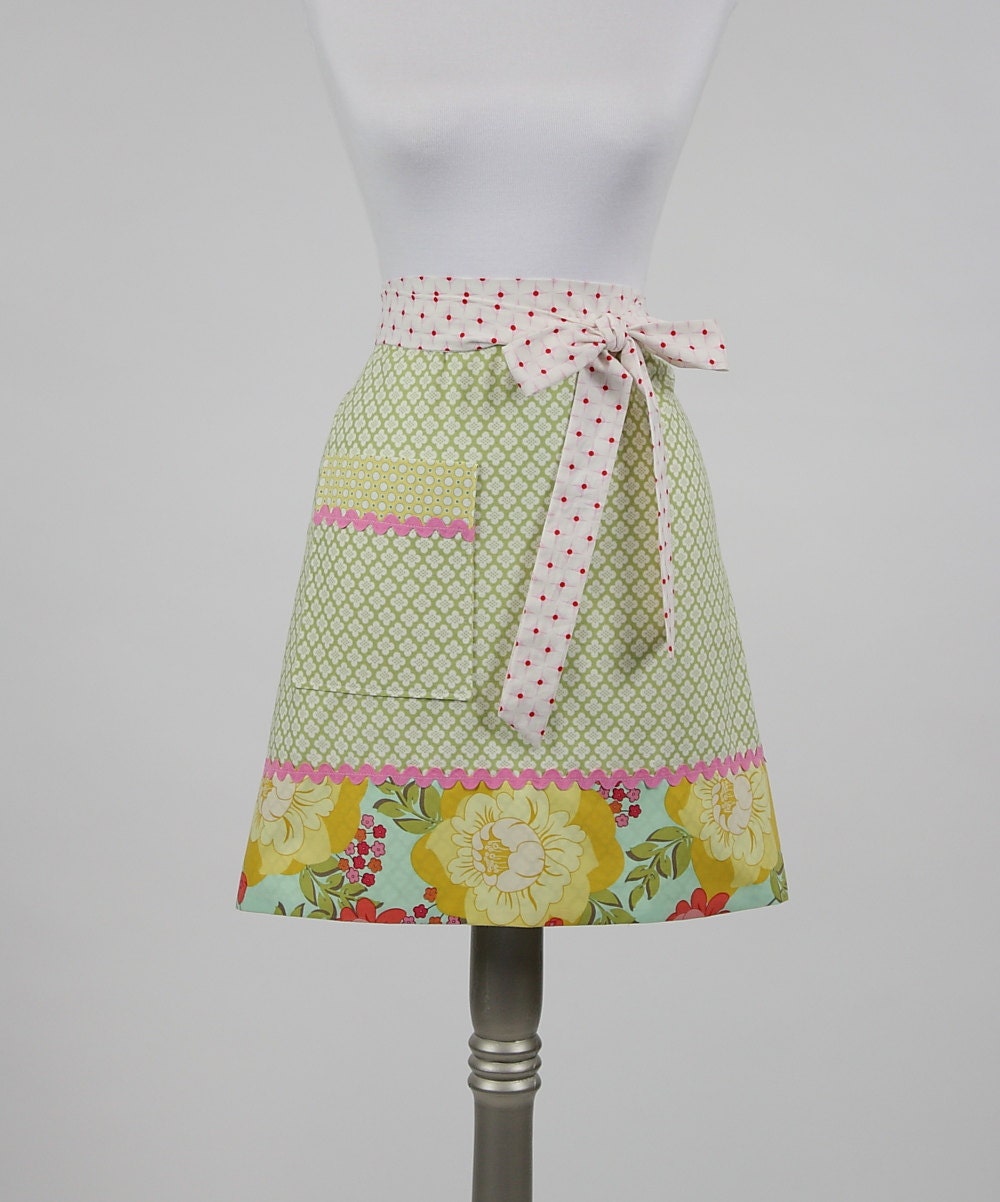 Womens Modern Half Chef Apron Yellow Pink and Green Sandi Henderson Fabric