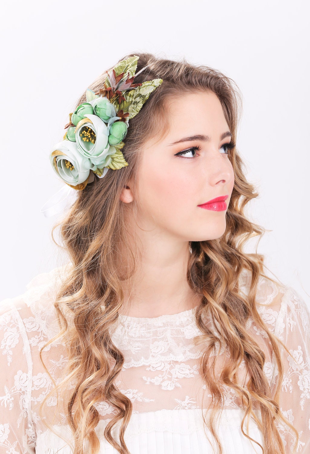 bridal flower hair crown, woodland wedding, sea foam flower, milinery flower