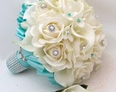 Bridal Bouquet Stephanotis Roses Calla Lily Tiffany Blue Ribbon with coordinating Groom's Boutonniere - Real Touch Bouquet and Boutonniere