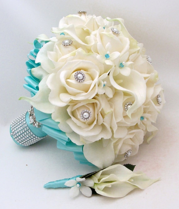 Bridal Bouquet Stephanotis Roses Calla Lily Tiffany Blue Ribbon with coordinating Groom's Boutonniere - Real Touch Bouquet and Boutonniere