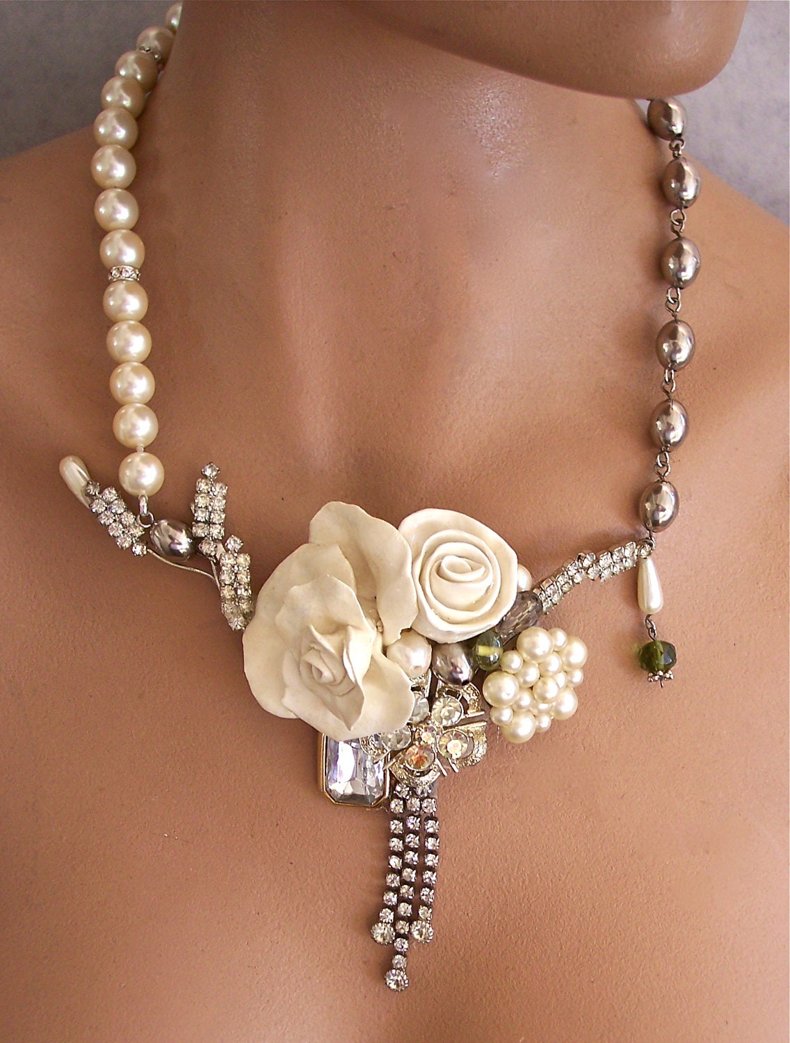 Bridal Necklace Pearls and Rhinestones