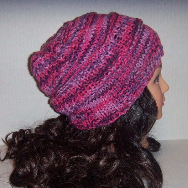 Knit Beanie Hat Slouchy Beanie Purple Pink Swirly with Design