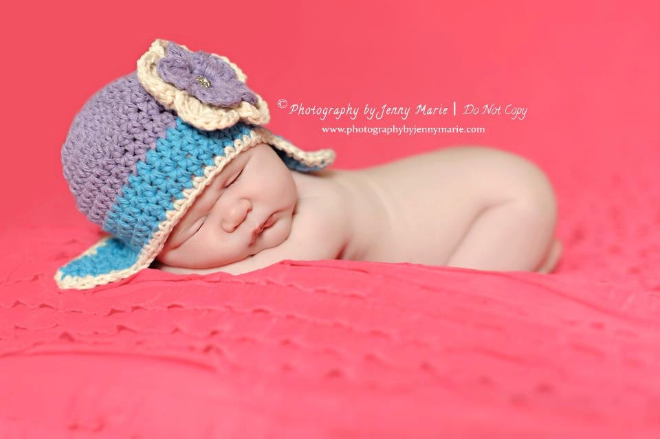 Baby Girl Flower Ear Flap Hat in Purple, Turquoise and Almond with Jewel Button - Made to Order - Rainbow Colors