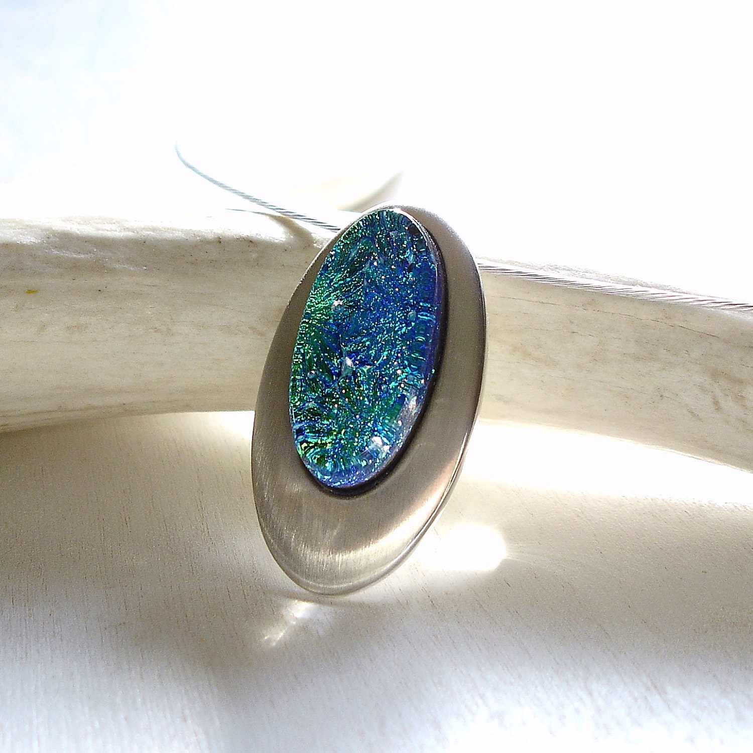 Teal Glass Pendant, Fused Glass Teal Necklace, Oval Teal Dichroic Pendant