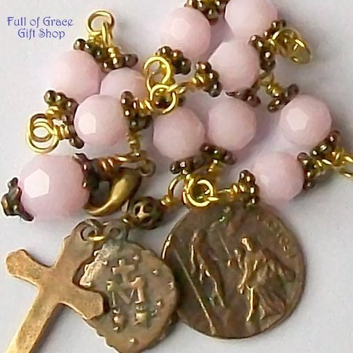 Breast Cancer Rosary Bracelet  St. Peregrine Pink Opal Swarovski Crystal  Antique Brass Vintage Look Unbreakable FREE SHIP