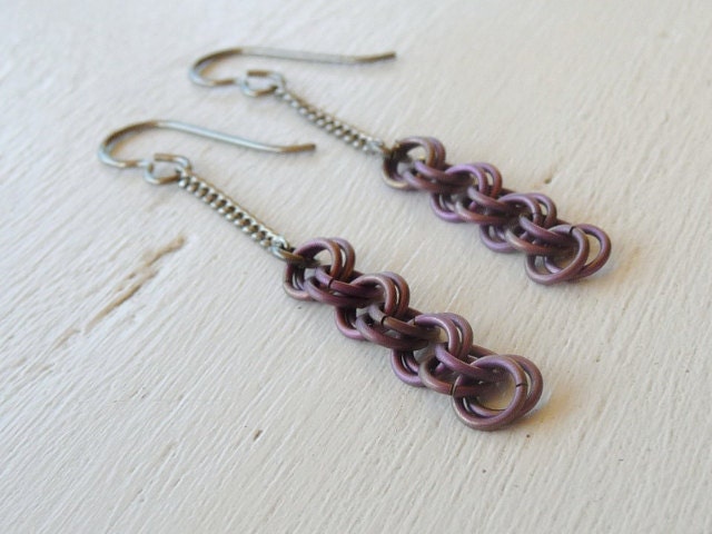 Violet Chainmaille Long Titanium Earrings Nickel Free Earrings For Sensitive Ears Hypoallergenic Chainmail on a Chain