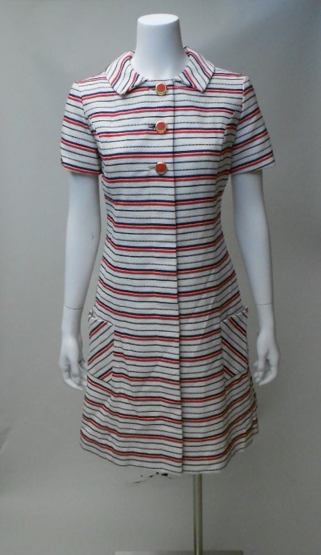 Vintage 60s Peggy Mad Men Dress Red White Blue Day Dress Mini Ranelle Nautical Medium