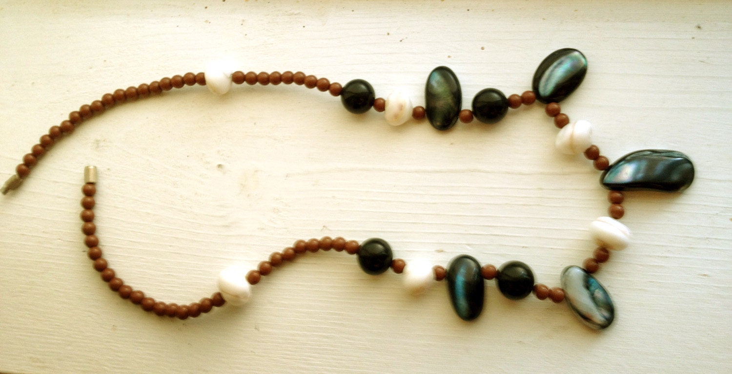 Boho Glass Beaded Necklace with Black Shells / Vintage / Brown / White / Summer Love