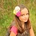 Satin Rolled Rosette and Ribbon Flower Hair Clip with Rhinestone Button Accent Attached to Alligator Clip . Great Gift Idea .