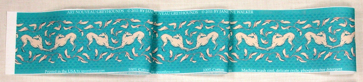 Art Nouveau Greyhound Fabric, teal and cream dog trim fabric . AN Teal/Cream