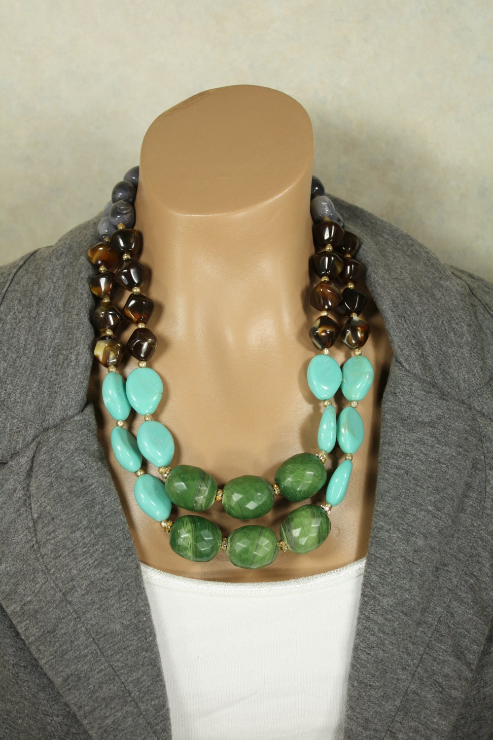 Turquoise and Green Chunky Multi Strand Statement Necklace, Naturale