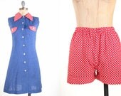 60s Blue Romper Play Suit Dress Retro Mod Petter Pan Collared Baby Doll Rockabilly Hot Pants Shorts XS