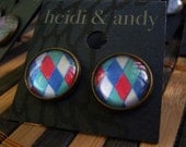 NEW-Hand Drawn Brass Stud Earrings-Earring post-Blue, Turquoise, Orange & White Diamond Shaped Mosaic