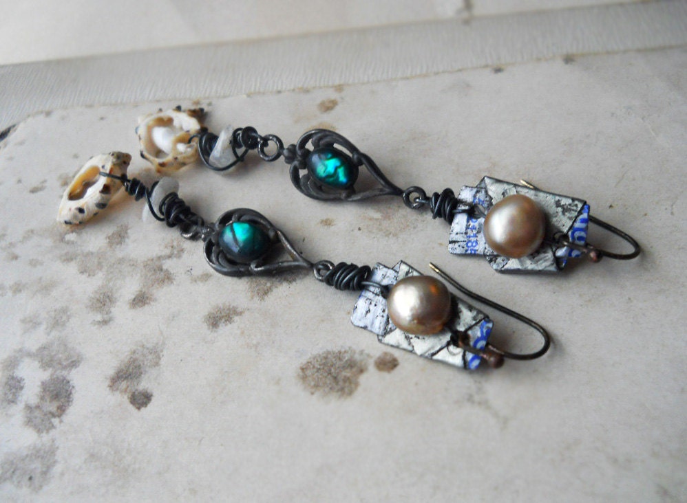 Beaded Earrings - Hoegaarden Bottle Caps, Sterling Silver, Green Cabochon, Shell, Freshwater Pearl - Rustic Assemblage Earrings