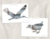 bird silhouette art print, 5x7, set of 2, architectural, wall decor, stork, animal art print, gray, rusty, blue, home decor