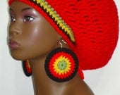 Red Crochet Rasta Hat Tam Cap and Earrings with Drawstring