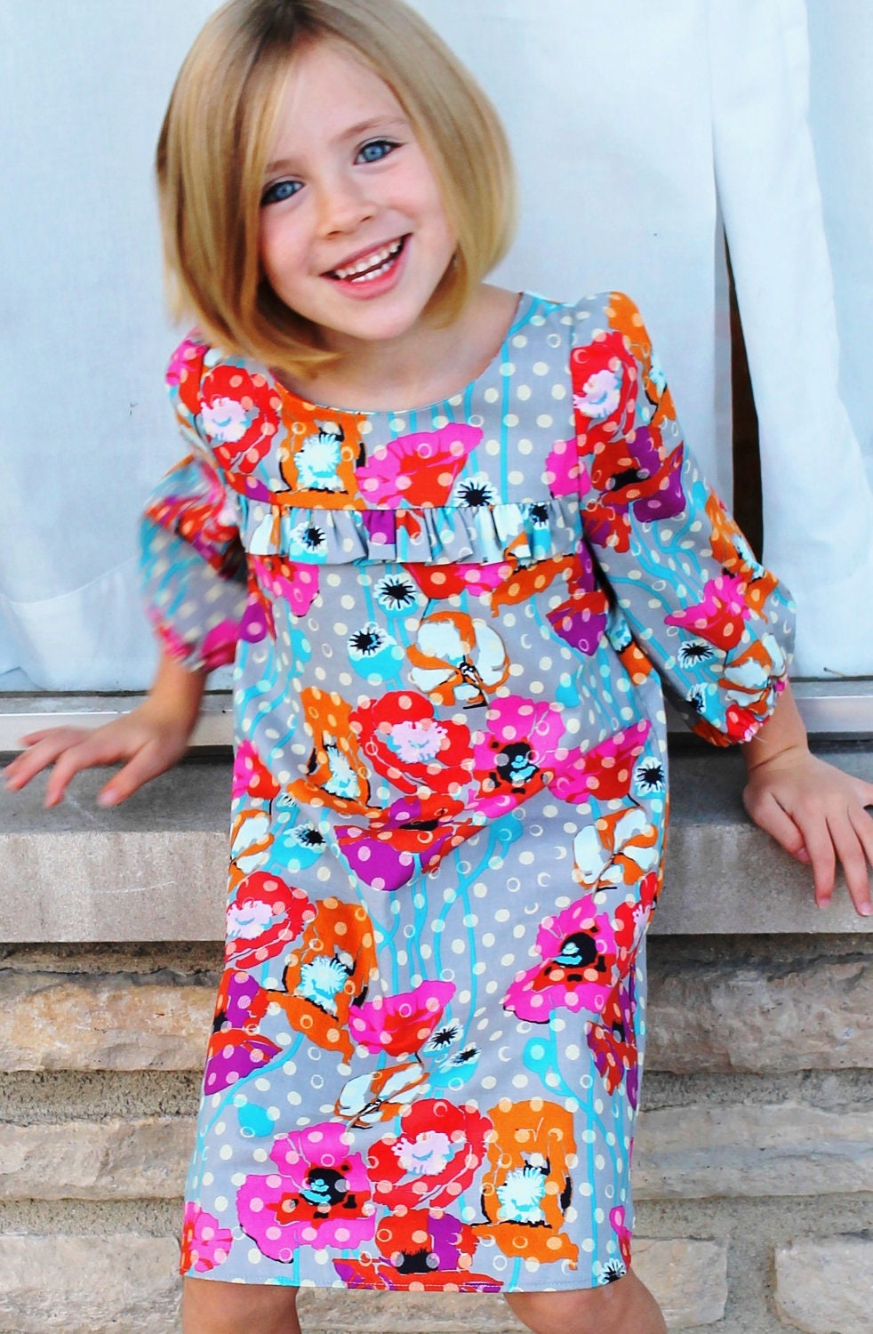 Girls Fall Dress -  Grey Poppies Shirt Tail Dress