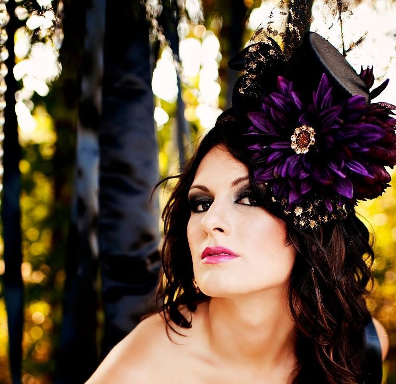 Purple Black and Gold Top Hat,  Holiday, Costume Headpiece, Mini Top Hat, New Years Eve : Maleficent - READY to SHIP