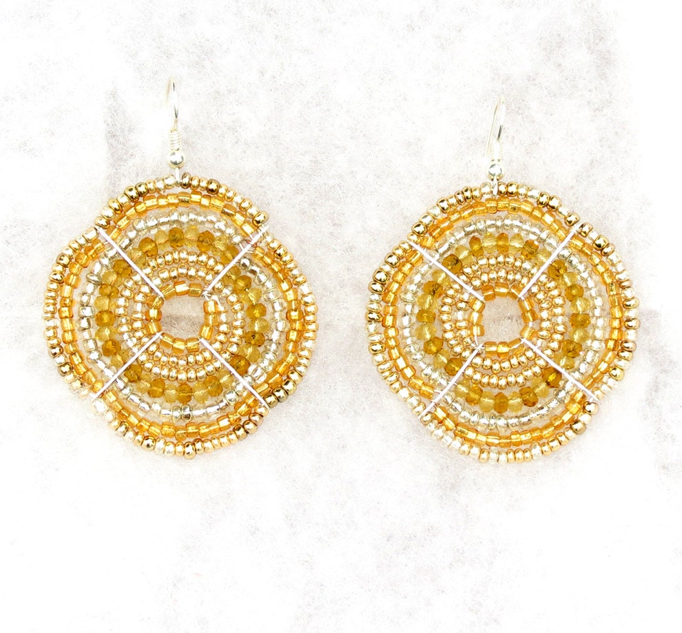 Yellow African Beaded Earrings, Flower Shape (Large)
