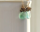 Gold Mint Green Gemstone Earrings, Green Flourite Smoky Quartz Clusters