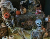 SET of 3 Posed Miniature Skeletons, Haunted Dollhouse Decor 1:12 Scale, 5.3/4th inches tall with Cobwebs and Moss in Gift Box