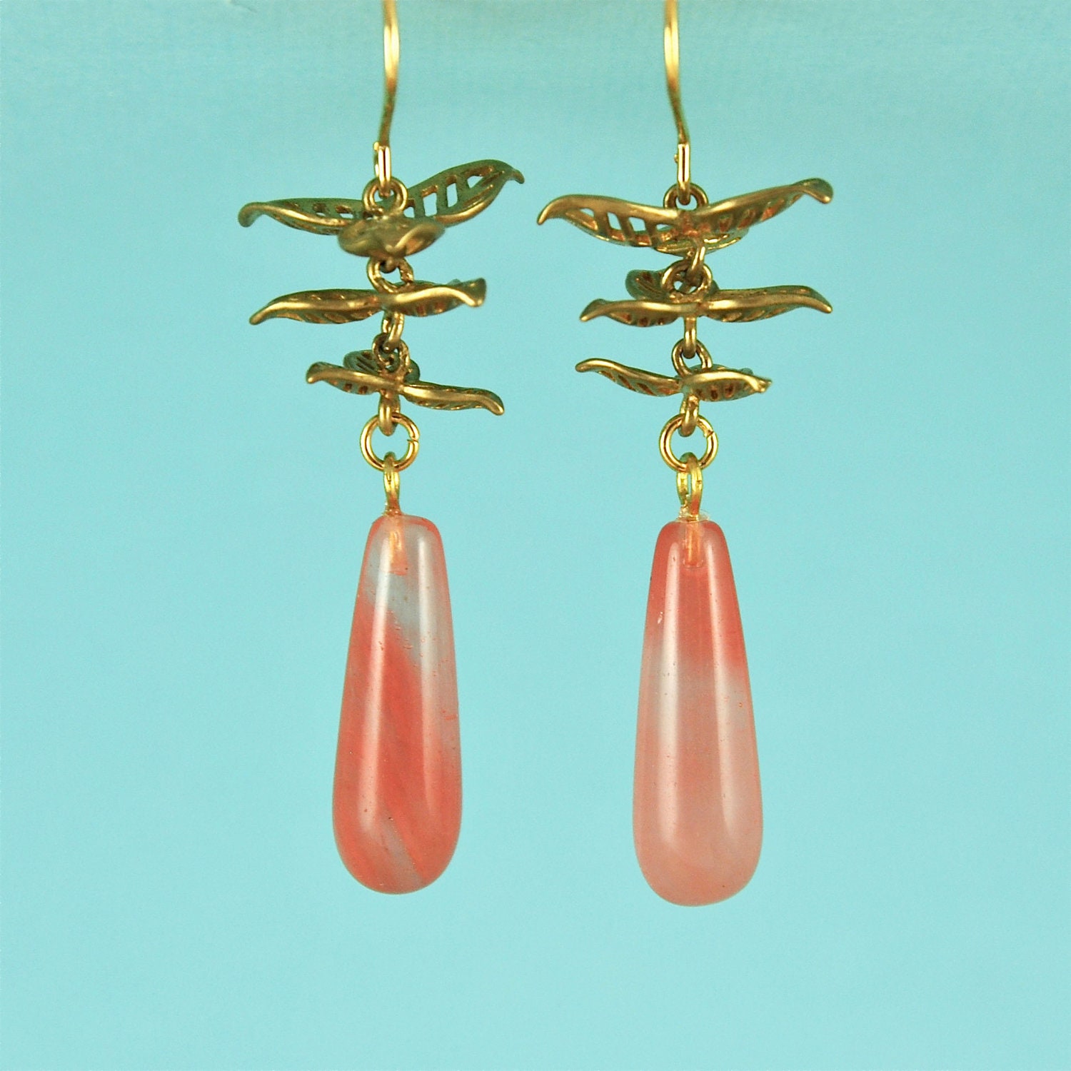 Cherry Quartz Gemstone Earrings with Gold Tone Brass Petals
