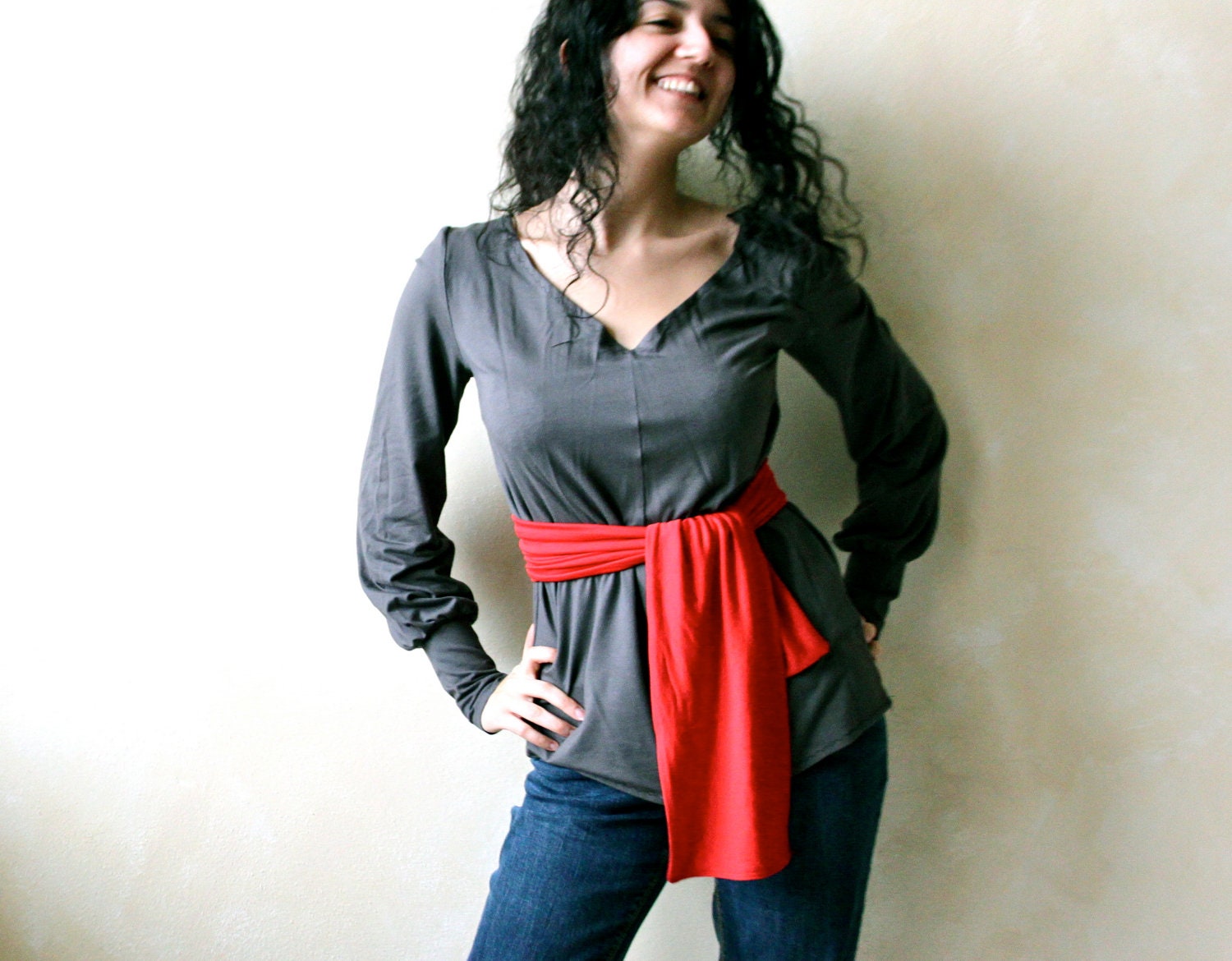 Women's jersey belted sweatshirt - designer clothing - long sleeve v neck shirt