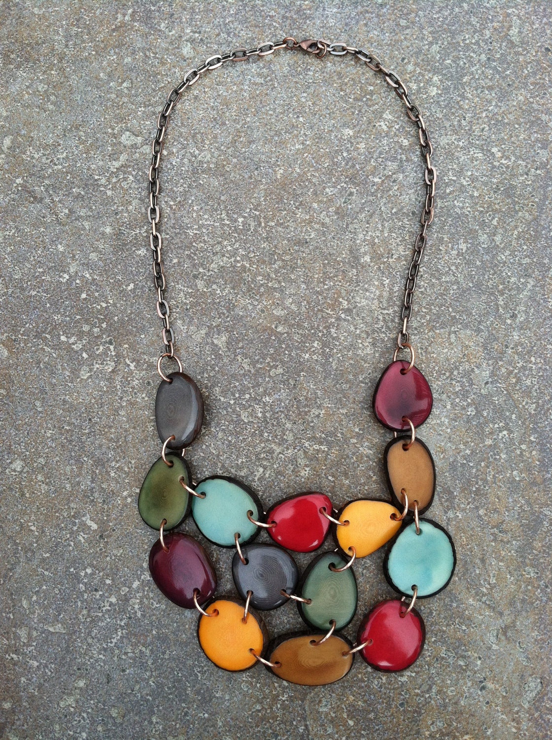 TAGUA nut bib necklace - Green, Gray & Turquoise - vegetable ivory - for charity