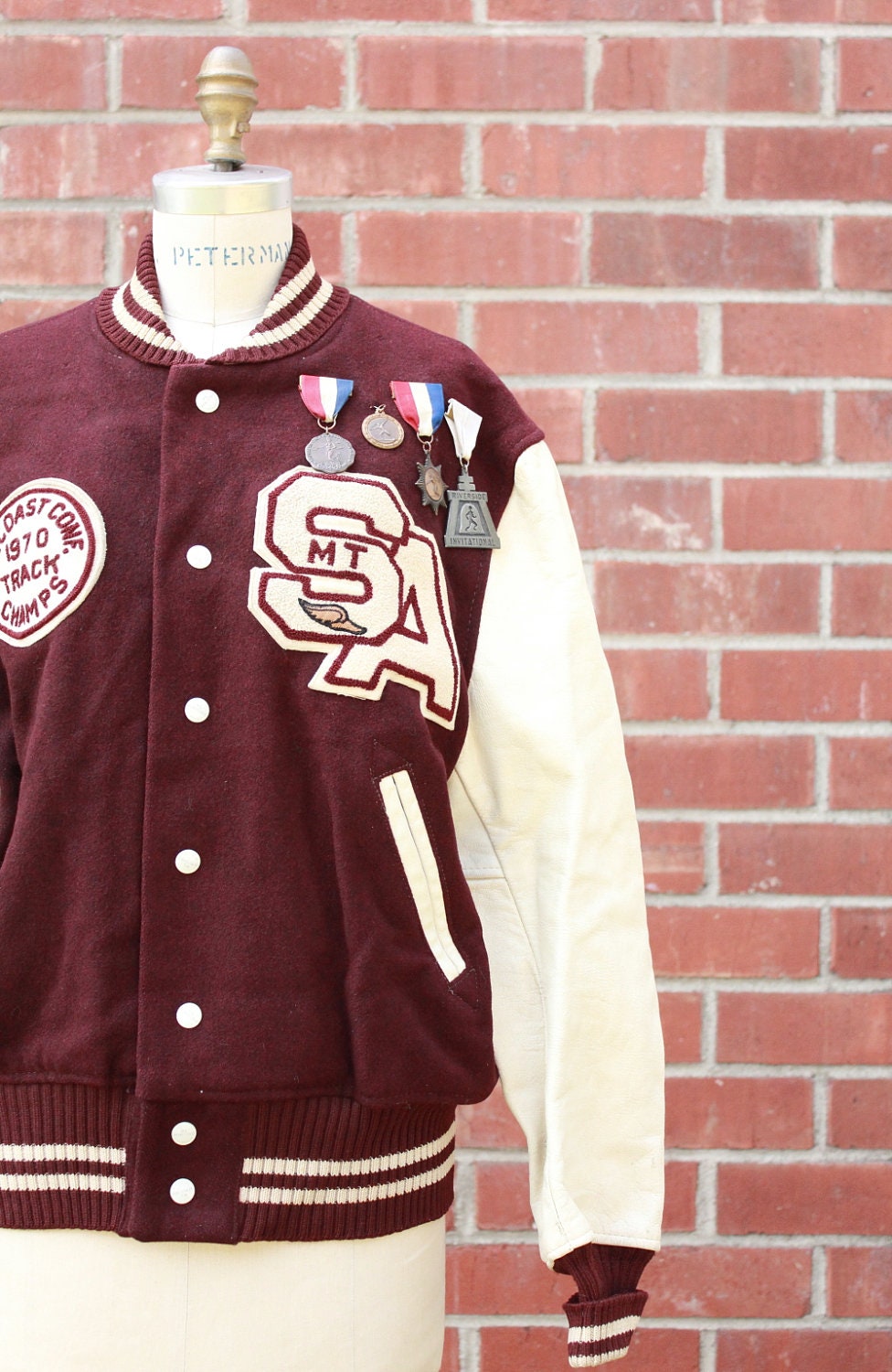 Vintage 60's/70's Mt. Saint Antonio College Burgandy Wool Letterman Jacket with original Metals and Patches