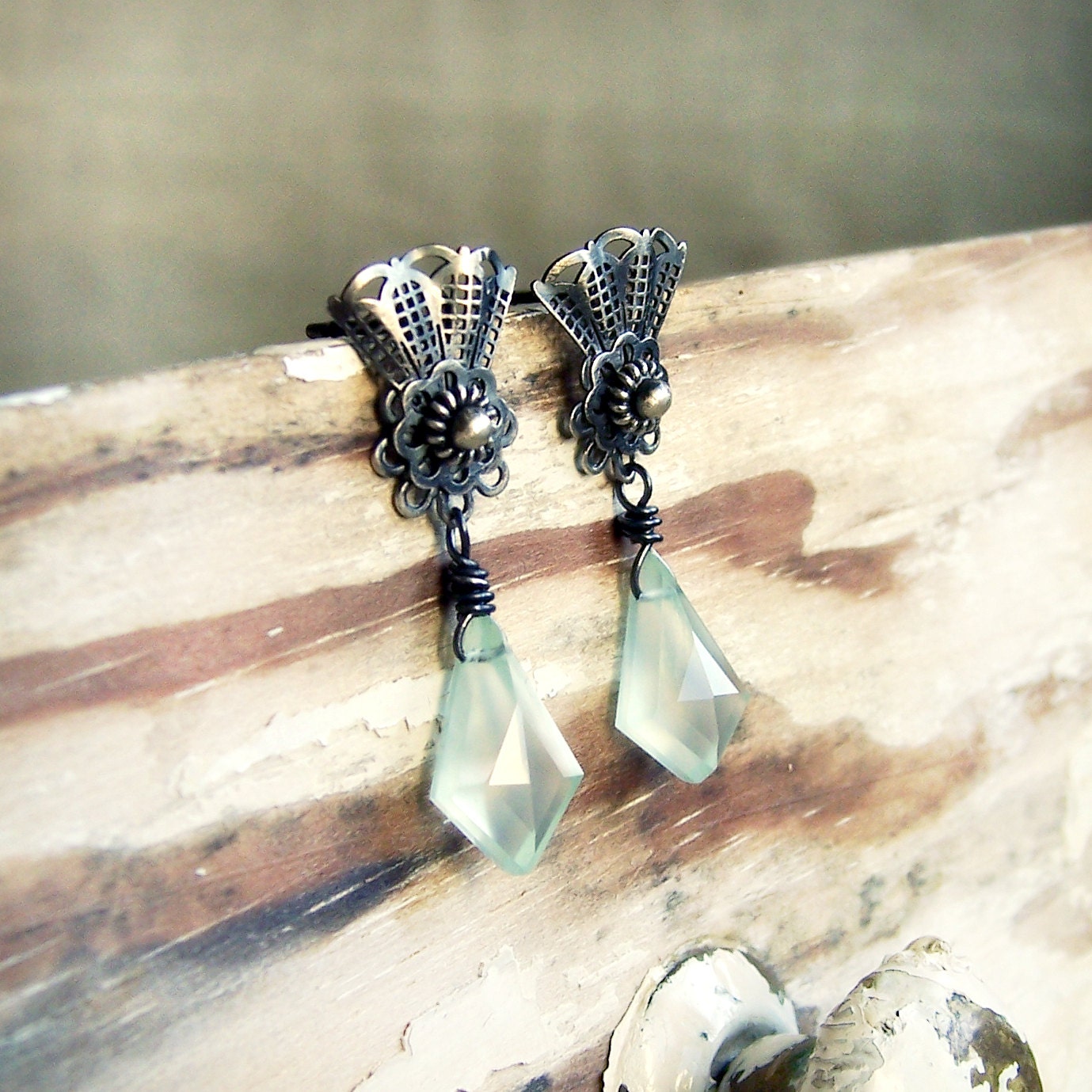 Sea foam rustic sterling silver earring posts, pastel chalcedony studs, flower filigree earrings, oxidised patina, metalsmith, metalwork