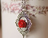 Little Ida's Silver Filigree Rosebud Charm Necklace (Crimson)