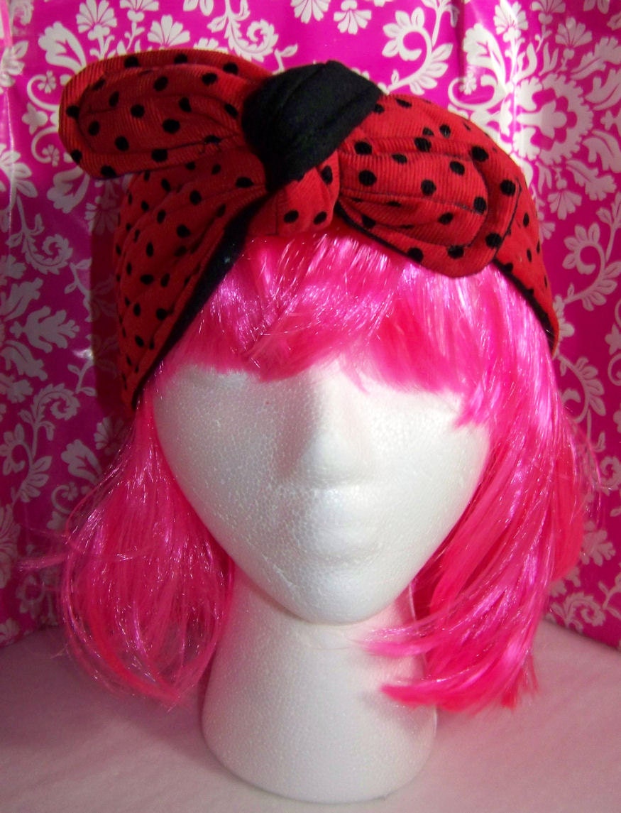 Red - Black Polka Dots - Headband - Tie back - 4 inches Wide - Rosie the Riveter - Thick Cold Weather Wrap