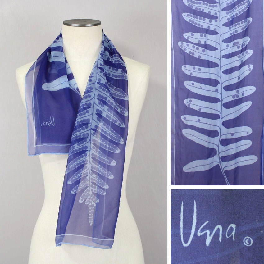 Vintage Vera Scarf 1970s Blue Sheer Chiffon Leaf Fern Print