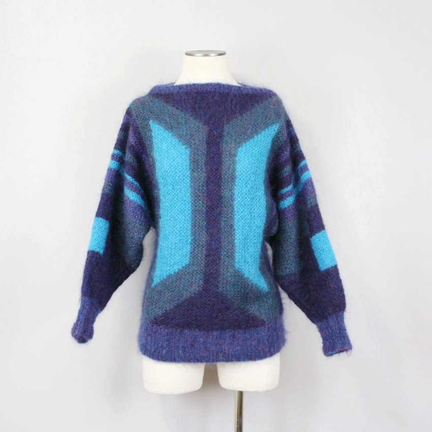Vintage Mohair Sweater Hand Knit Blue Abstract Tribal Design Boatneck Pullover