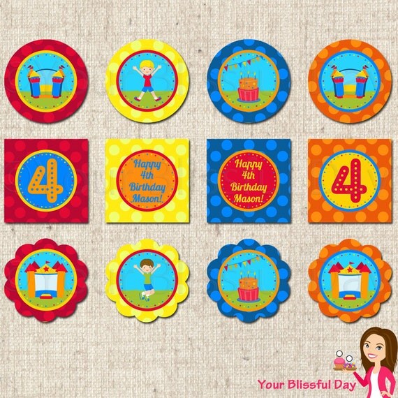 PRINTABLE Personalized Boy Bounce House Party Circles (Your choice of boy and bounce house) Il_570xn